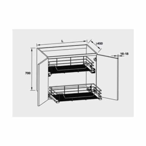 Kích thước bộ rổ kéo Hafele 549.03.131 cho tủ bếp dưới rộng 400mm