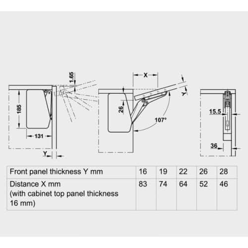 Kích thước bộ tay nâng FREE FLAP 3.15 Hafele 493.05.852 nắp trắng