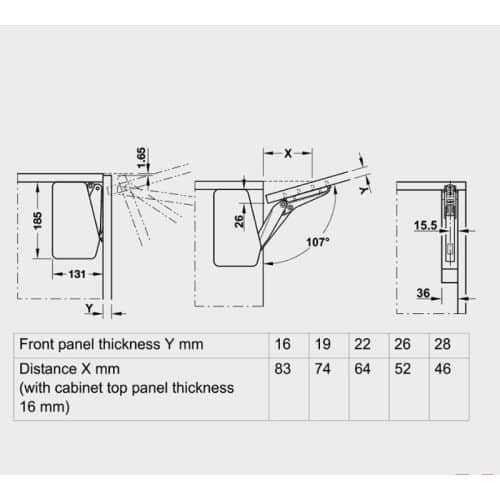 Kích thước bộ tay nâng FREE FLAP 3.15 Hafele 493.05.861 nắp xám