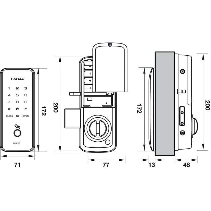 Kích thước Khóa cửa điện tử Hafele ER5100 912.05.319 Kích thước Khóa cửa điện tử Hafele ER5100 912.05.319