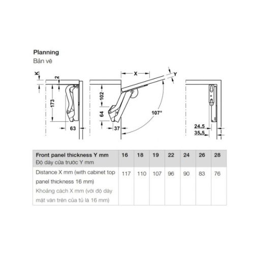 Tay nâng Hafele Free Space 1.11 D 493.05.912 4 Bản vẽ của tay nâng Hafele Free Space 1.11 D 493.05.912