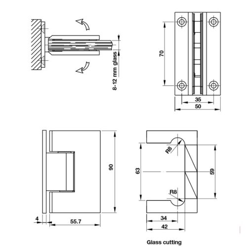 Kích thước bản lề kính - tường 90º màu đen Hafele 981.77.901