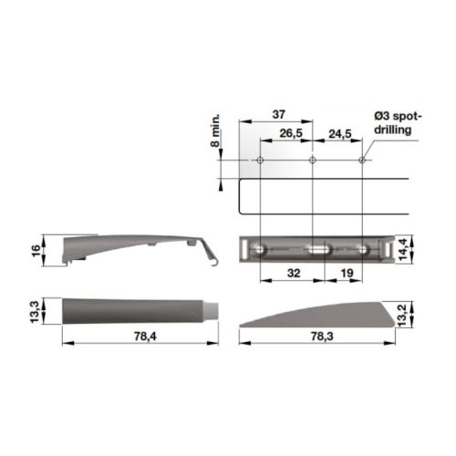 Kích thước đế cho nêm nhấn loại dài Hafele 356.12.327