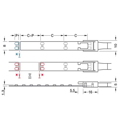 Kích thước đèn Led dây 8mm 24V đơn sắc Hafele 833.76.355