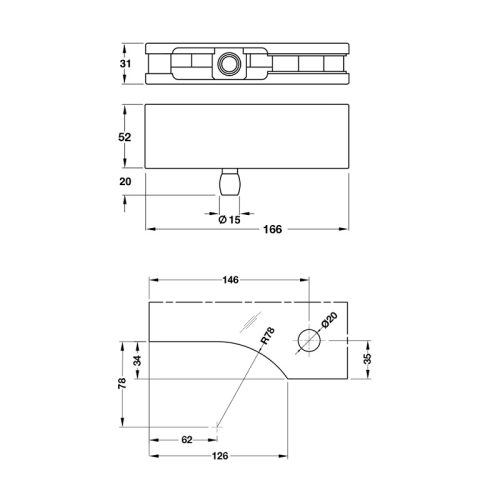 Kích thước Kẹp kính trên khung inox bóng Hafele 981.00.651