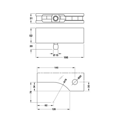 Kích thước Kẹp kính trên khung màu đen Hafele 981.00.652