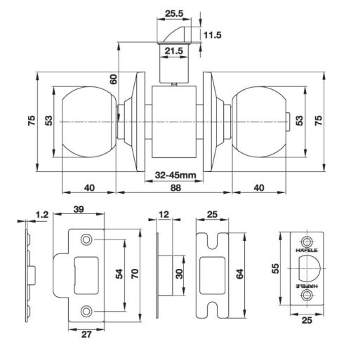 Kích thước khóa tay nắm tròn cửa đi Hafele 489.93.130