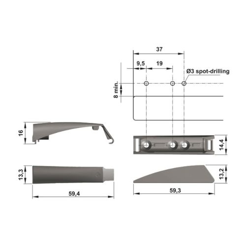 Kích thước nắp che và đế cho nêm nhấn loại vừa Hafele 356.12.326