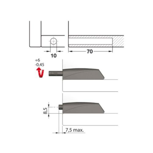 Kích thước nêm nhấn dài đầu cao su Hafele 356.12.717