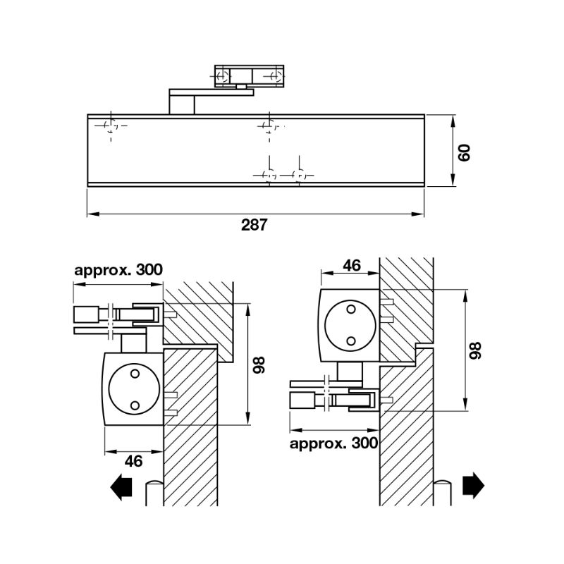Kích thước thiết bị đóng cửa tự động 200Kg Hafele 931.16.579 Kích thước thiết bị đóng cửa tự động 200Kg Hafele 931.16.579