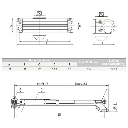 Thiết bị đóng cửa tự động 45Kg EN2 Hafele 489.30.012 4 Kích thước thiết bị đóng cửa tự động 45Kg EN2 Hafele 489.30.012