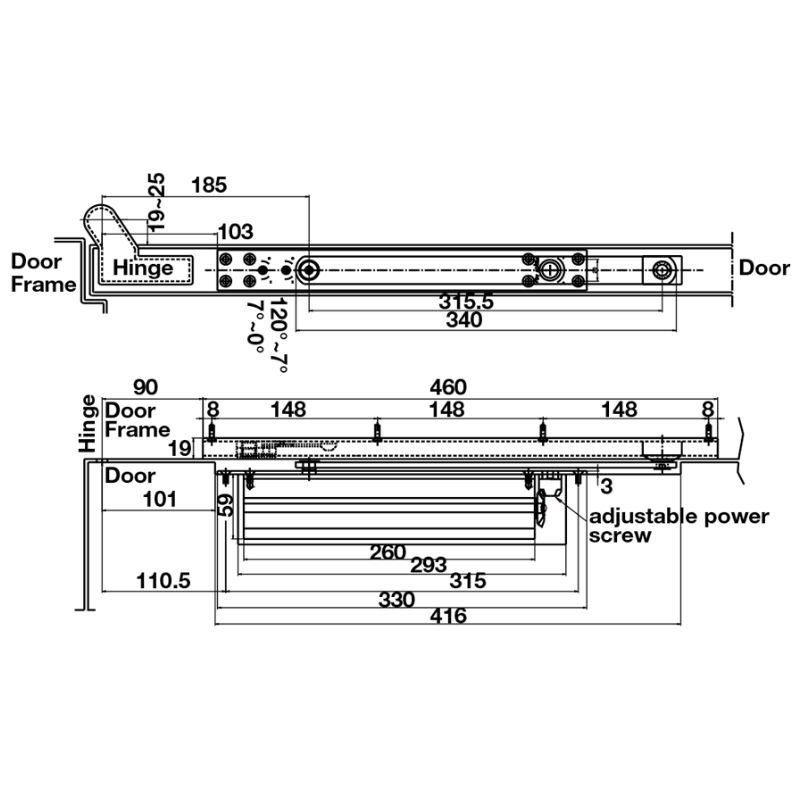 Kích thước thiết bị đóng cửa tự động lắp âm 100Kg Hafele 931.84.409 Kích thước thiết bị đóng cửa tự động lắp âm 100Kg Hafele 931.84.409