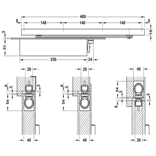 Kích thước thiết bị đóng cửa tự động lắp âm 150Kg Hafele 931.84.399