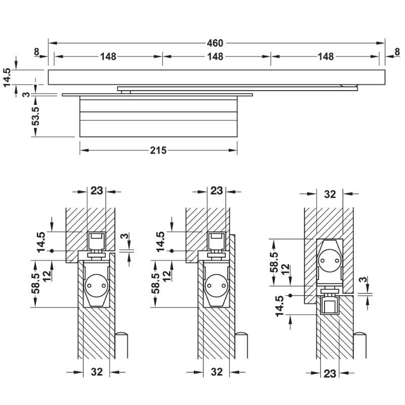 Kích thước thiết bị đóng cửa tự động lắp âm 80Kg Hafele 931.84.339 Kích thước thiết bị đóng cửa tự động lắp âm 80Kg Hafele 931.84.339