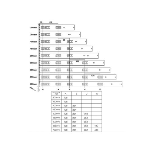 Thông số của ray bi không giảm chấn dài 300mm Hafele 494.02.141