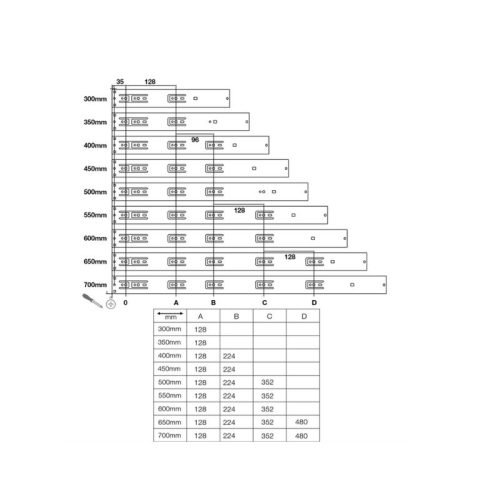 Thông số của ray bi không giảm chấn dài 300mm Hafele 494.02.461