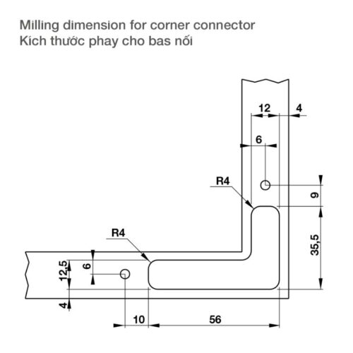Kích thước phay bas nối sử dụng với khung nhôm Hafele 342.79.717