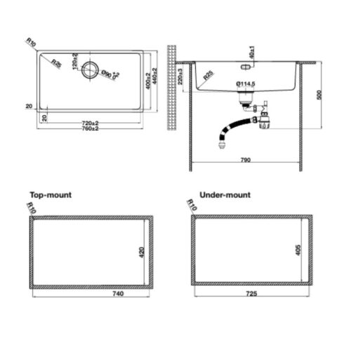 Kích thước chậu rửa bát inox 1 hố Hafele R25 HS25-SSN1S-760 567.24.483 Đen